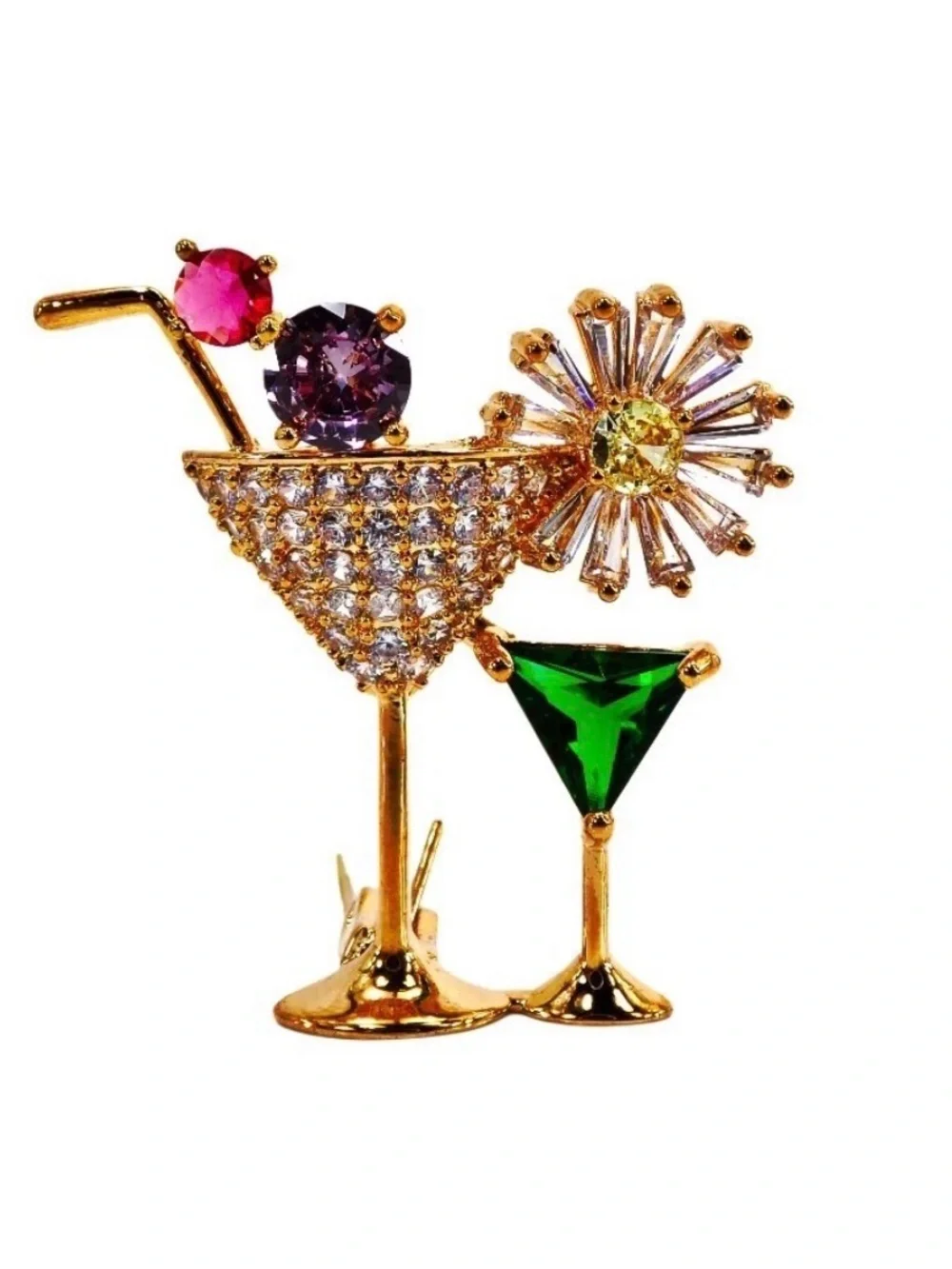 Martini Crystal Brooch Pin Colorful CZ Cocktail Jewelry Gold Plated New